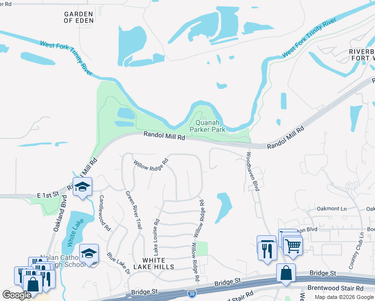 map of restaurants, bars, coffee shops, grocery stores, and more near 4901 Randol Mill Road in Fort Worth