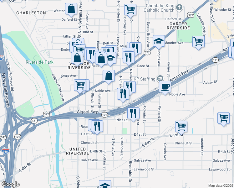 map of restaurants, bars, coffee shops, grocery stores, and more near 1217 North Riverside Drive in Fort Worth