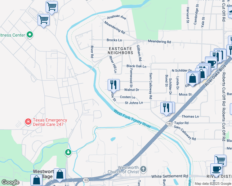 map of restaurants, bars, coffee shops, grocery stores, and more near 6128 Walnut Drive in Fort Worth