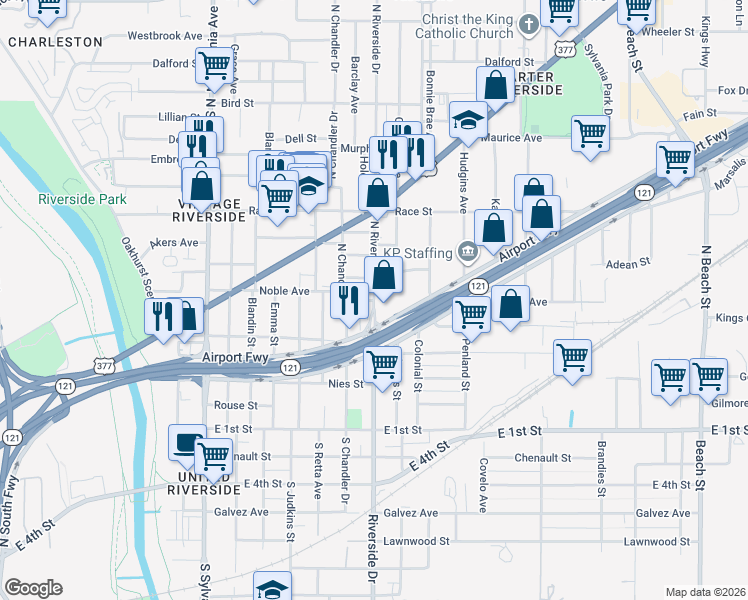 map of restaurants, bars, coffee shops, grocery stores, and more near Noble Avenue in Fort Worth