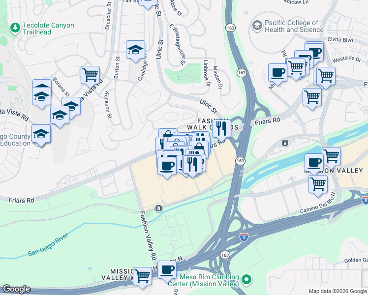map of restaurants, bars, coffee shops, grocery stores, and more near 7084 Friars Road in San Diego