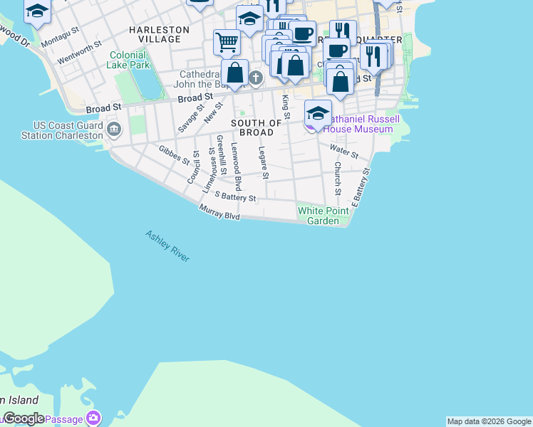 map of restaurants, bars, coffee shops, grocery stores, and more near 51 South Battery in Charleston