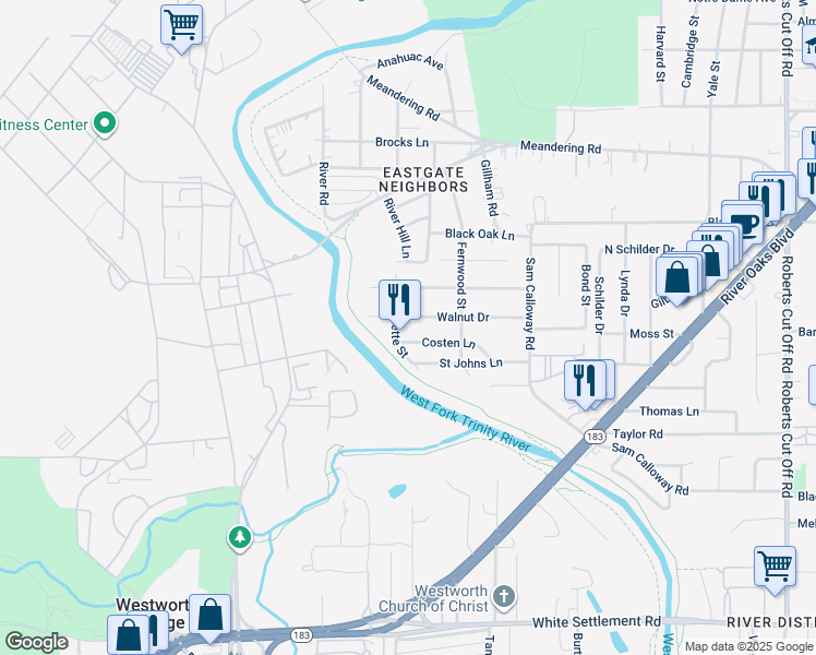 map of restaurants, bars, coffee shops, grocery stores, and more near 6128 Walnut Drive in Fort Worth