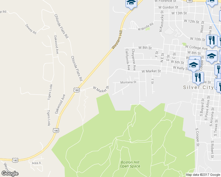 map of restaurants, bars, coffee shops, grocery stores, and more near 101 California Avenue in Silver City