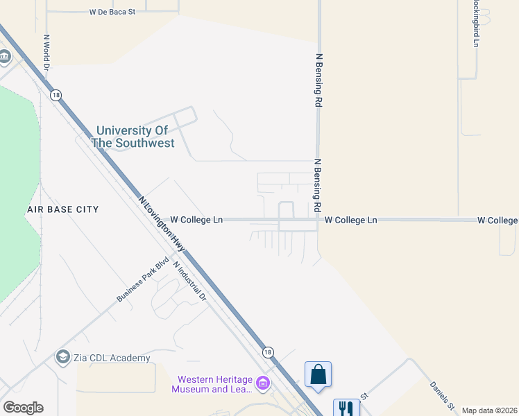 map of restaurants, bars, coffee shops, grocery stores, and more near 6131 T-Bird Road in Hobbs