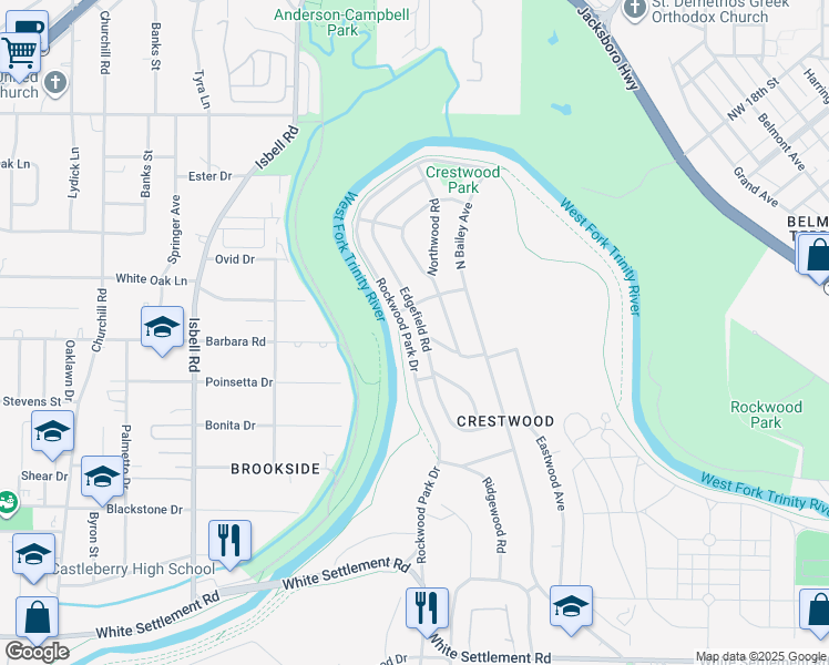 map of restaurants, bars, coffee shops, grocery stores, and more near 732 Edgefield Road in Fort Worth