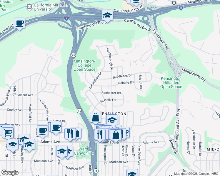 map of restaurants, bars, coffee shops, grocery stores, and more near 5050 Marlborough Drive in San Diego