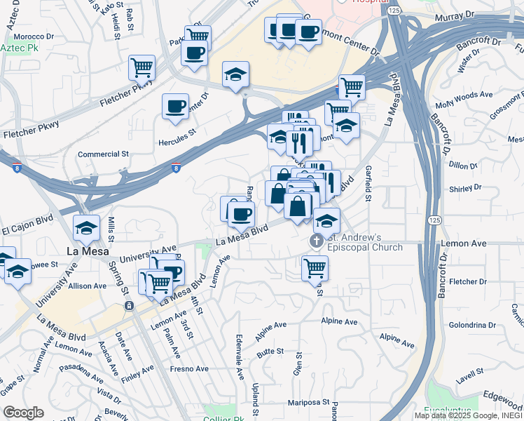 map of restaurants, bars, coffee shops, grocery stores, and more near 4929 Rosehedge Drive in La Mesa