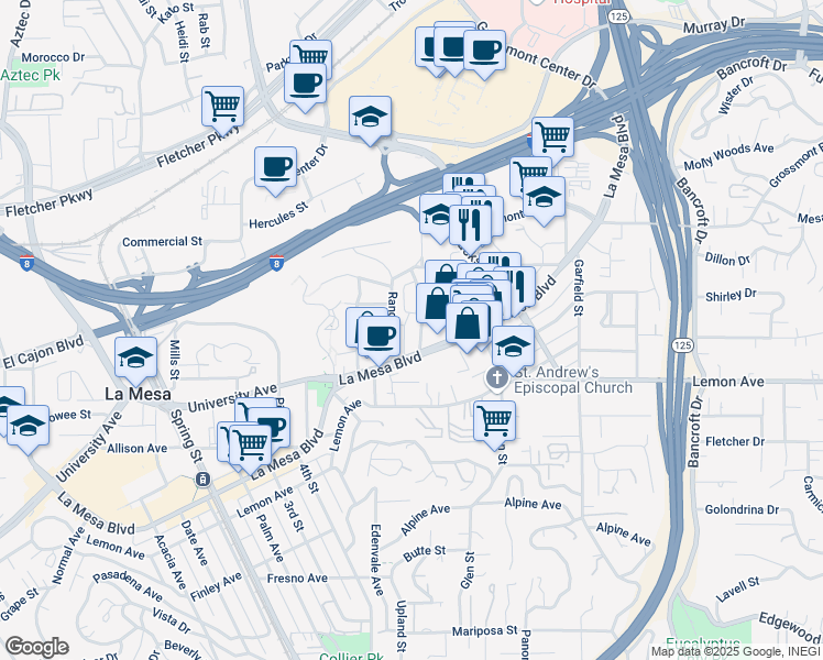 map of restaurants, bars, coffee shops, grocery stores, and more near 4900 Rosehedge Drive in La Mesa