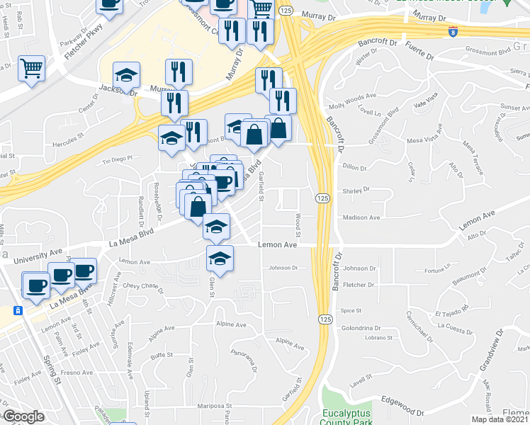 map of restaurants, bars, coffee shops, grocery stores, and more near 4993 Garfield Street in La Mesa