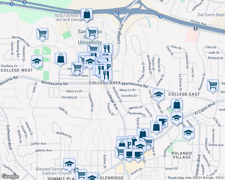 map of restaurants, bars, coffee shops, grocery stores, and more near 5068 Rockford Drive in San Diego