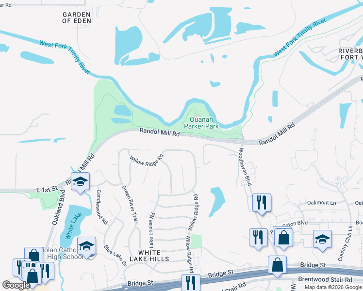 map of restaurants, bars, coffee shops, grocery stores, and more near 4901 Randol Mill Road in Fort Worth