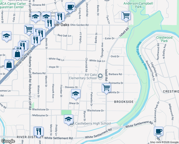 map of restaurants, bars, coffee shops, grocery stores, and more near 714 Churchill Road in River Oaks