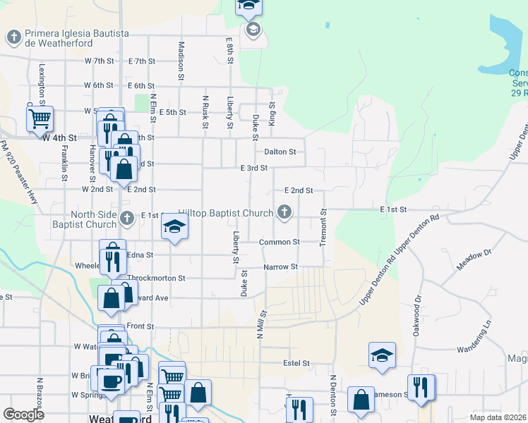map of restaurants, bars, coffee shops, grocery stores, and more near 1012 King Street in Weatherford