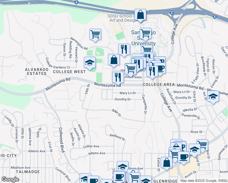 map of restaurants, bars, coffee shops, grocery stores, and more near 5071 55th Street in San Diego