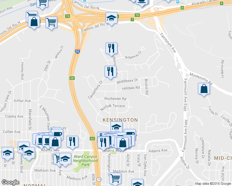 map of restaurants, bars, coffee shops, grocery stores, and more near 5064 Marlborough Drive in San Diego