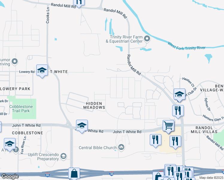map of restaurants, bars, coffee shops, grocery stores, and more near 625 Buzzard Lake Trail in Fort Worth