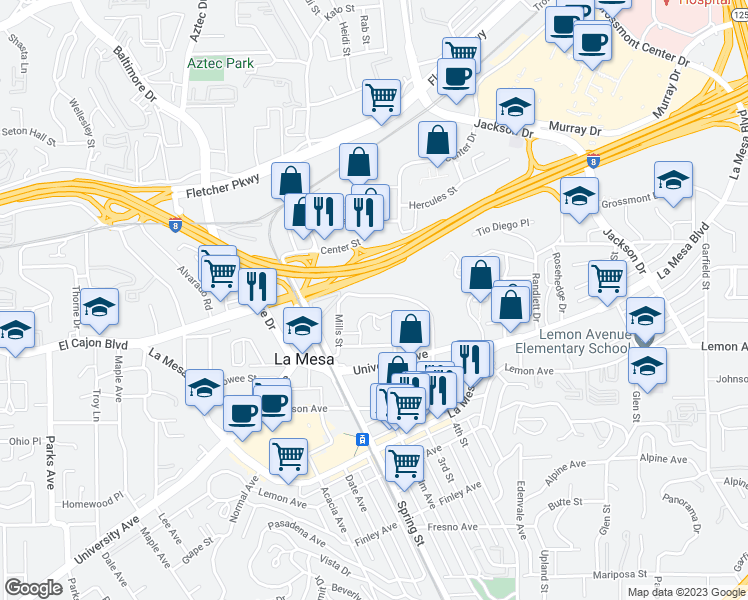 map of restaurants, bars, coffee shops, grocery stores, and more near 5056 Pine Street in La Mesa