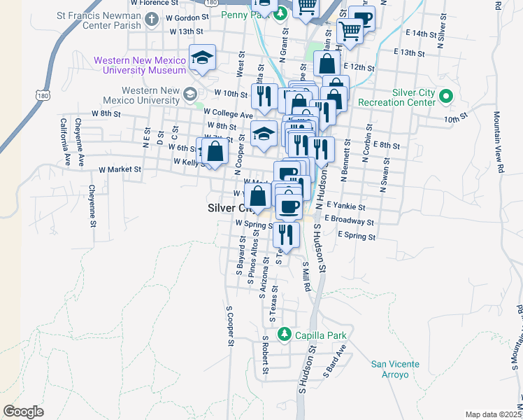 map of restaurants, bars, coffee shops, grocery stores, and more near 314 West Broadway Street in Silver City