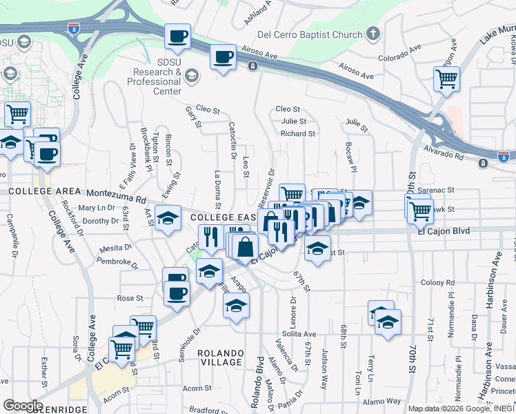 map of restaurants, bars, coffee shops, grocery stores, and more near 5075 Leo Street in San Diego