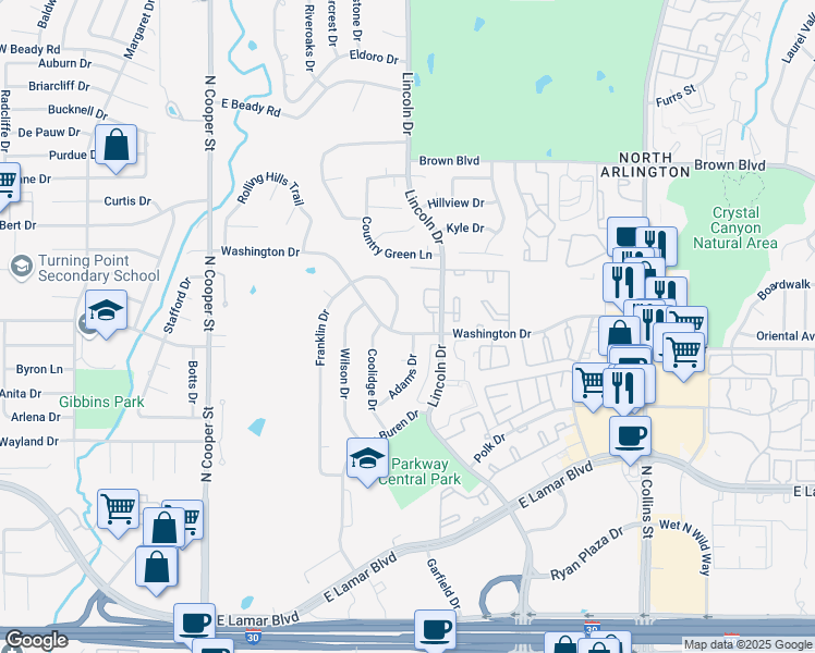 map of restaurants, bars, coffee shops, grocery stores, and more near 549 Franklin Drive in Arlington