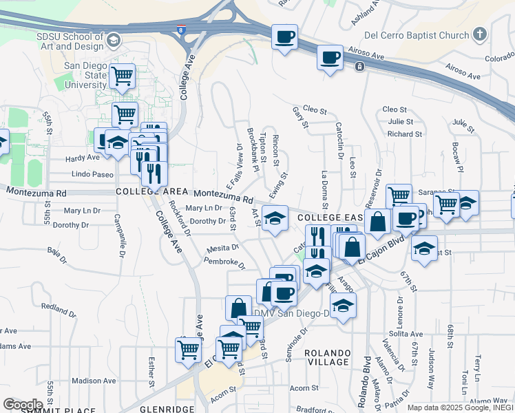 map of restaurants, bars, coffee shops, grocery stores, and more near 6330 Montezuma Road in San Diego