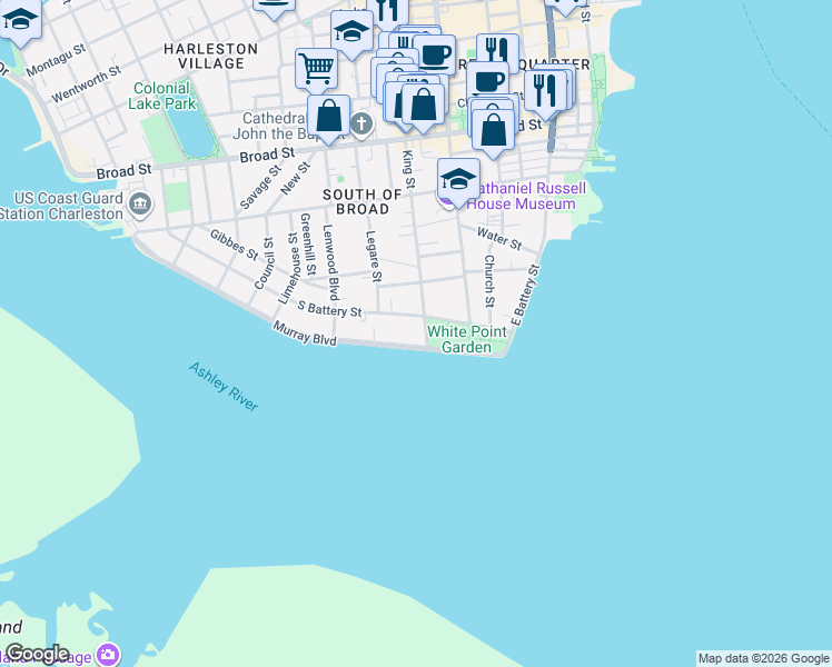 map of restaurants, bars, coffee shops, grocery stores, and more near 1 King Street in Charleston