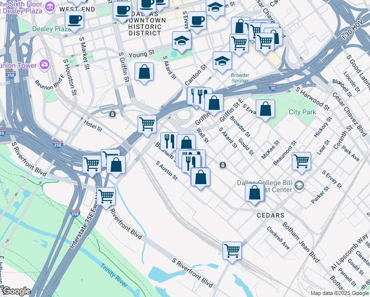 map of restaurants, bars, coffee shops, grocery stores, and more near 1210 Botham Jean Boulevard in Dallas