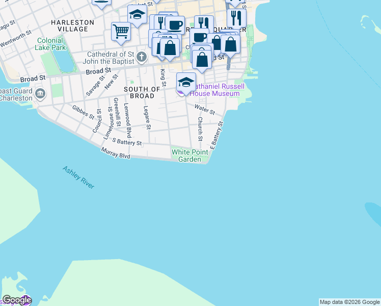 map of restaurants, bars, coffee shops, grocery stores, and more near 1 1/2 Meeting Street in Charleston