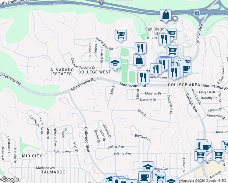 map of restaurants, bars, coffee shops, grocery stores, and more near 5073 54th Street in San Diego