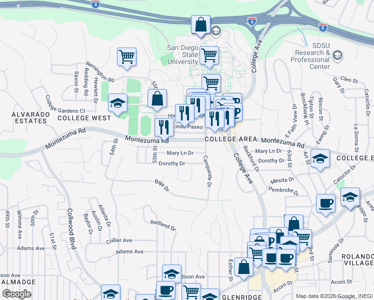 map of restaurants, bars, coffee shops, grocery stores, and more near 5683 Montezuma Road in San Diego
