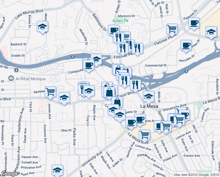 map of restaurants, bars, coffee shops, grocery stores, and more near 5044 Guava Avenue in La Mesa