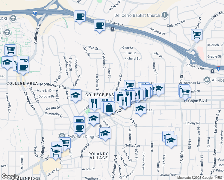 map of restaurants, bars, coffee shops, grocery stores, and more near 5075 Leo Street in San Diego