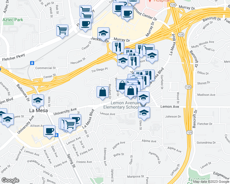 map of restaurants, bars, coffee shops, grocery stores, and more near 4929 Rosehedge Drive in La Mesa