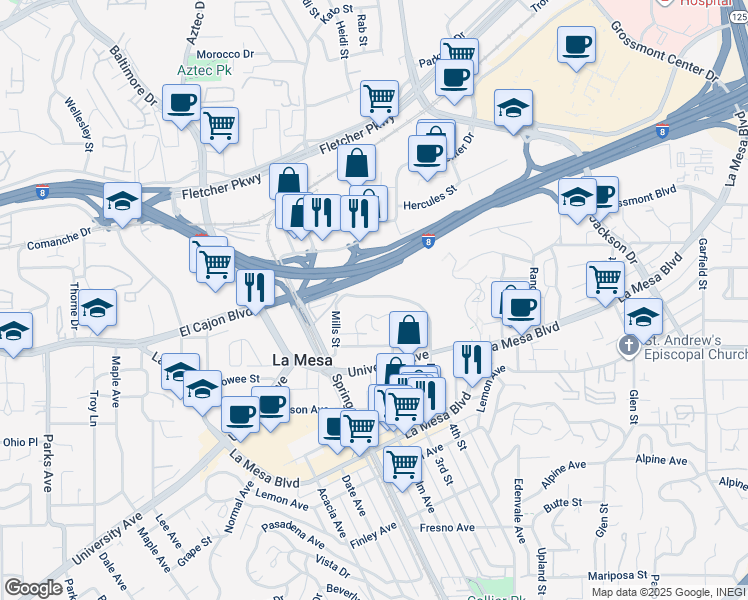 map of restaurants, bars, coffee shops, grocery stores, and more near in La Mesa