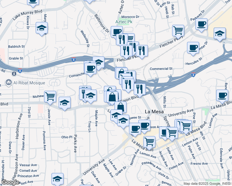 map of restaurants, bars, coffee shops, grocery stores, and more near 5055 Guava Avenue in La Mesa
