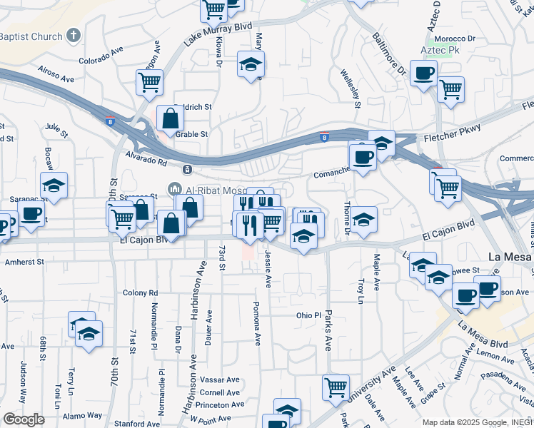 map of restaurants, bars, coffee shops, grocery stores, and more near 5050 Williams Avenue in La Mesa