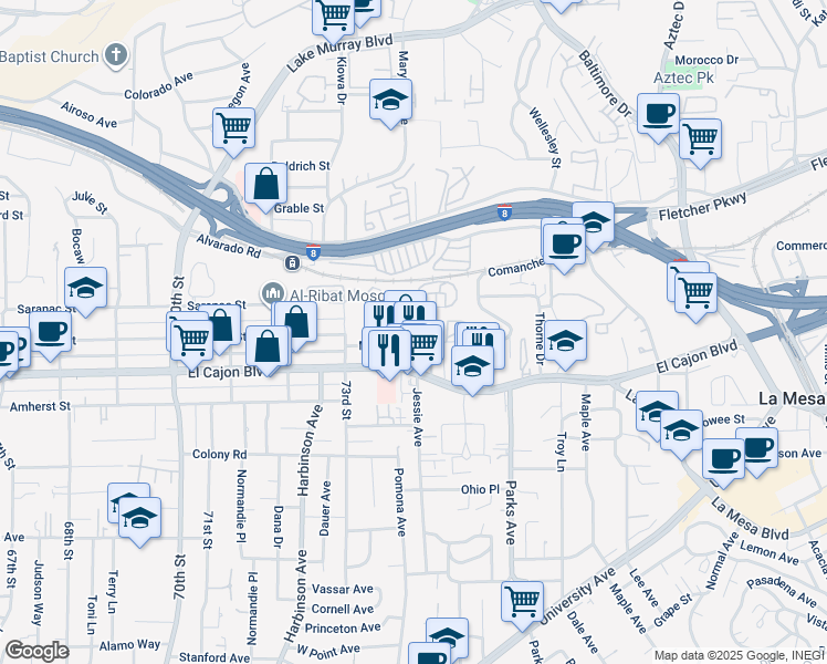 map of restaurants, bars, coffee shops, grocery stores, and more near 5050 Williams Avenue in La Mesa