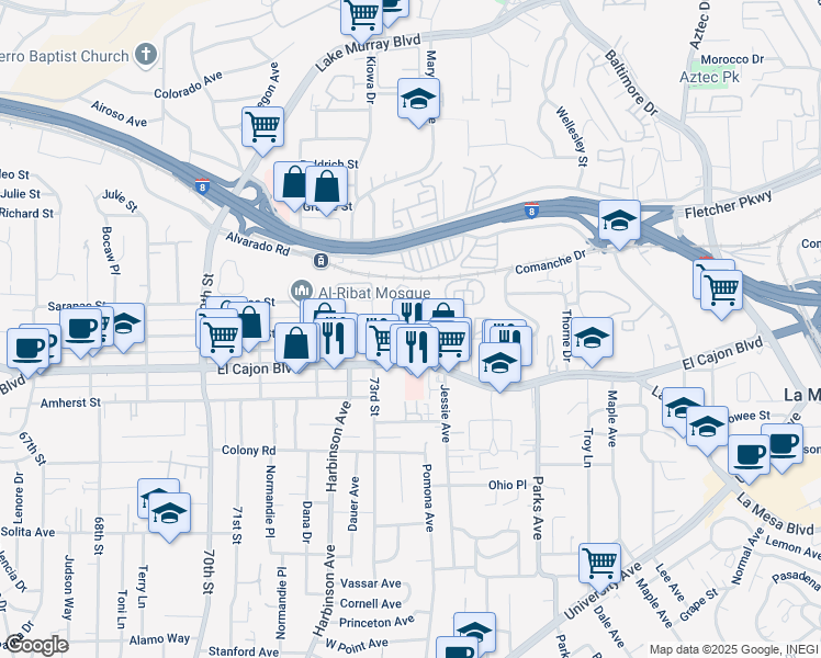 map of restaurants, bars, coffee shops, grocery stores, and more near 5042 Keeney Street in La Mesa