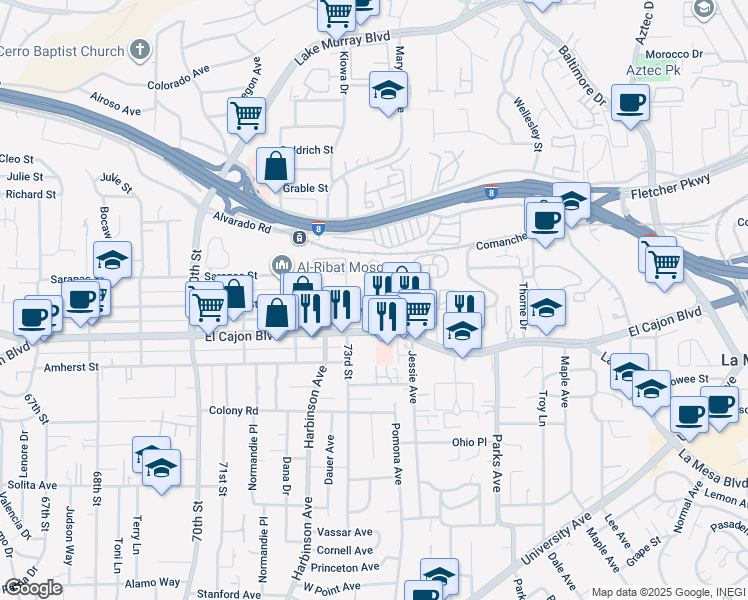 map of restaurants, bars, coffee shops, grocery stores, and more near 5042 Keeney Street in La Mesa