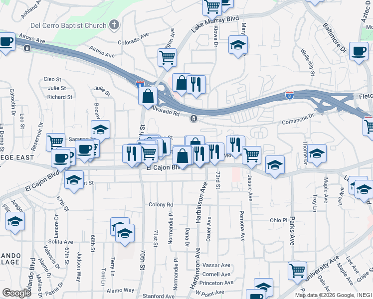 map of restaurants, bars, coffee shops, grocery stores, and more near 7157 Saranac Street in San Diego
