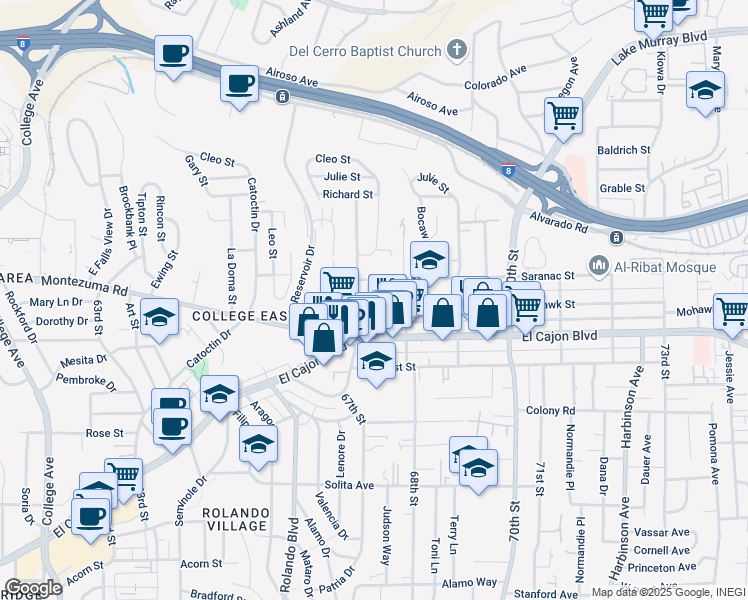 map of restaurants, bars, coffee shops, grocery stores, and more near 6755 Saranac Street in San Diego