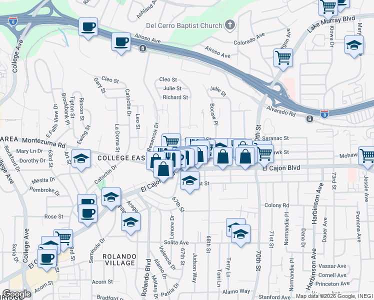 map of restaurants, bars, coffee shops, grocery stores, and more near 6755 Saranac Street in San Diego