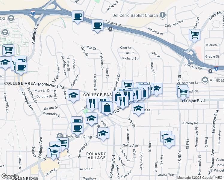 map of restaurants, bars, coffee shops, grocery stores, and more near 5075 Leo Street in San Diego
