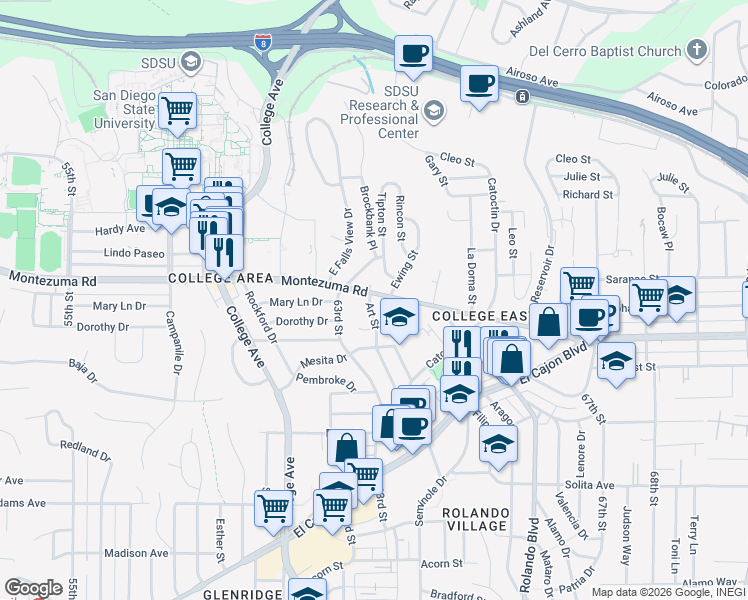 map of restaurants, bars, coffee shops, grocery stores, and more near 6330 Montezuma Road in San Diego