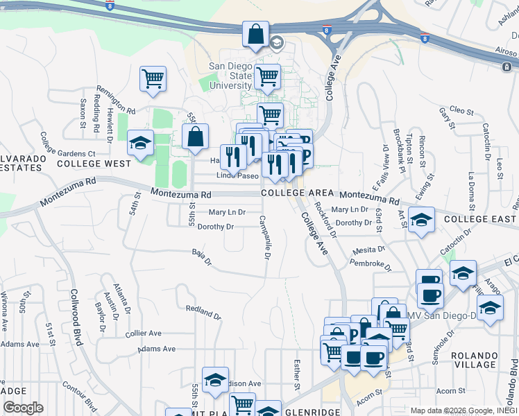 map of restaurants, bars, coffee shops, grocery stores, and more near 5096 Campanile Drive in San Diego