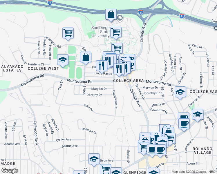 map of restaurants, bars, coffee shops, grocery stores, and more near 5096 Campanile Drive in San Diego