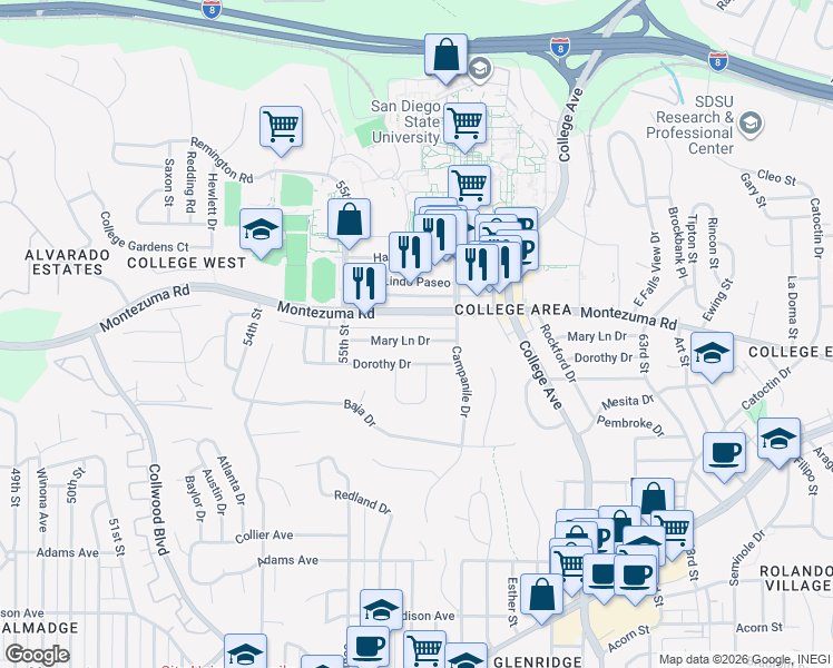 map of restaurants, bars, coffee shops, grocery stores, and more near 5683 Montezuma Road in San Diego