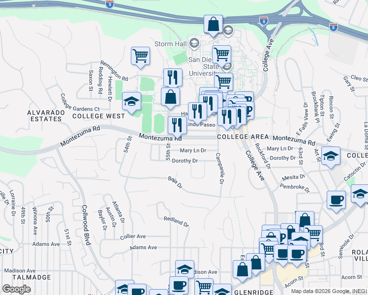 map of restaurants, bars, coffee shops, grocery stores, and more near 5505 Montezuma Road in San Diego