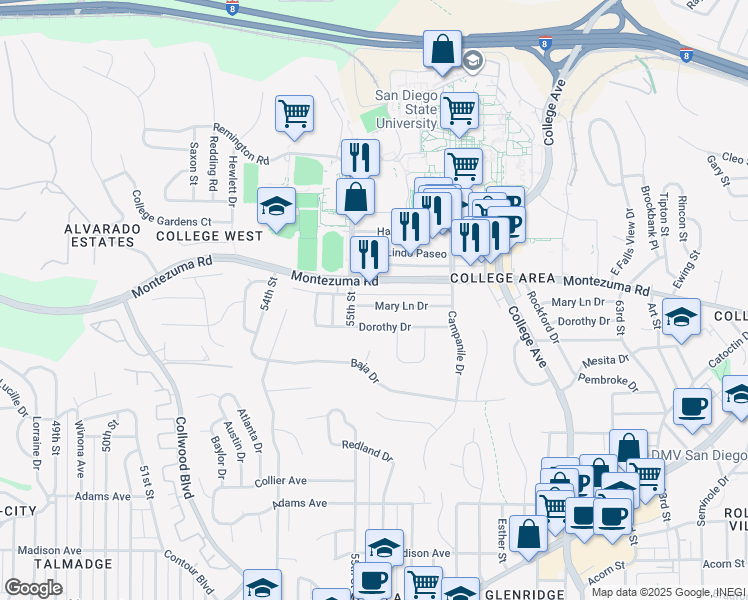 map of restaurants, bars, coffee shops, grocery stores, and more near 5505 Montezuma Road in San Diego